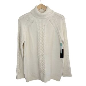 NWT Stitch Fix Black Tape Cream Lace Up Cable Knit Turtleneck Sweater Size Large
